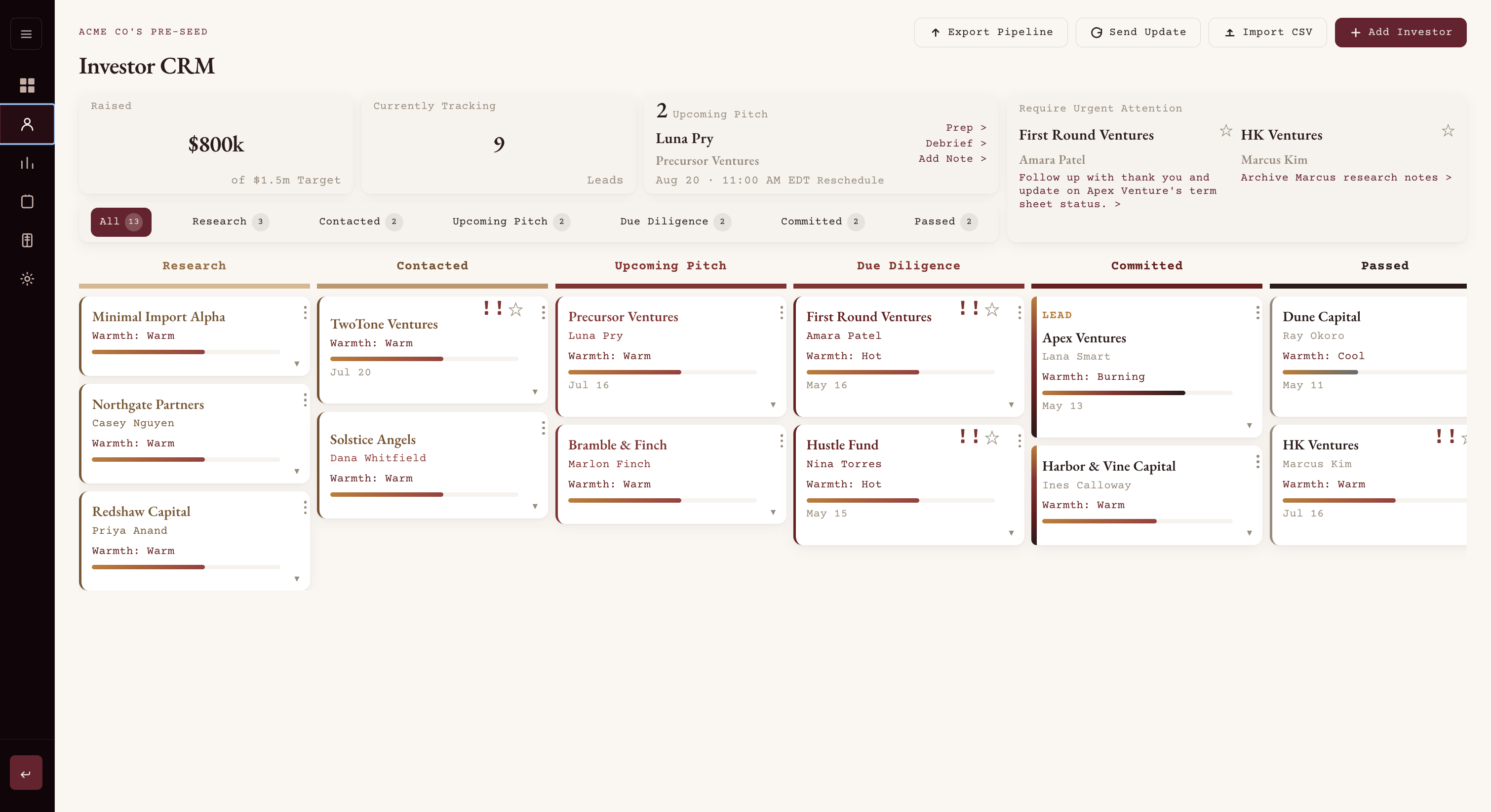 Founder CRM pipeline board