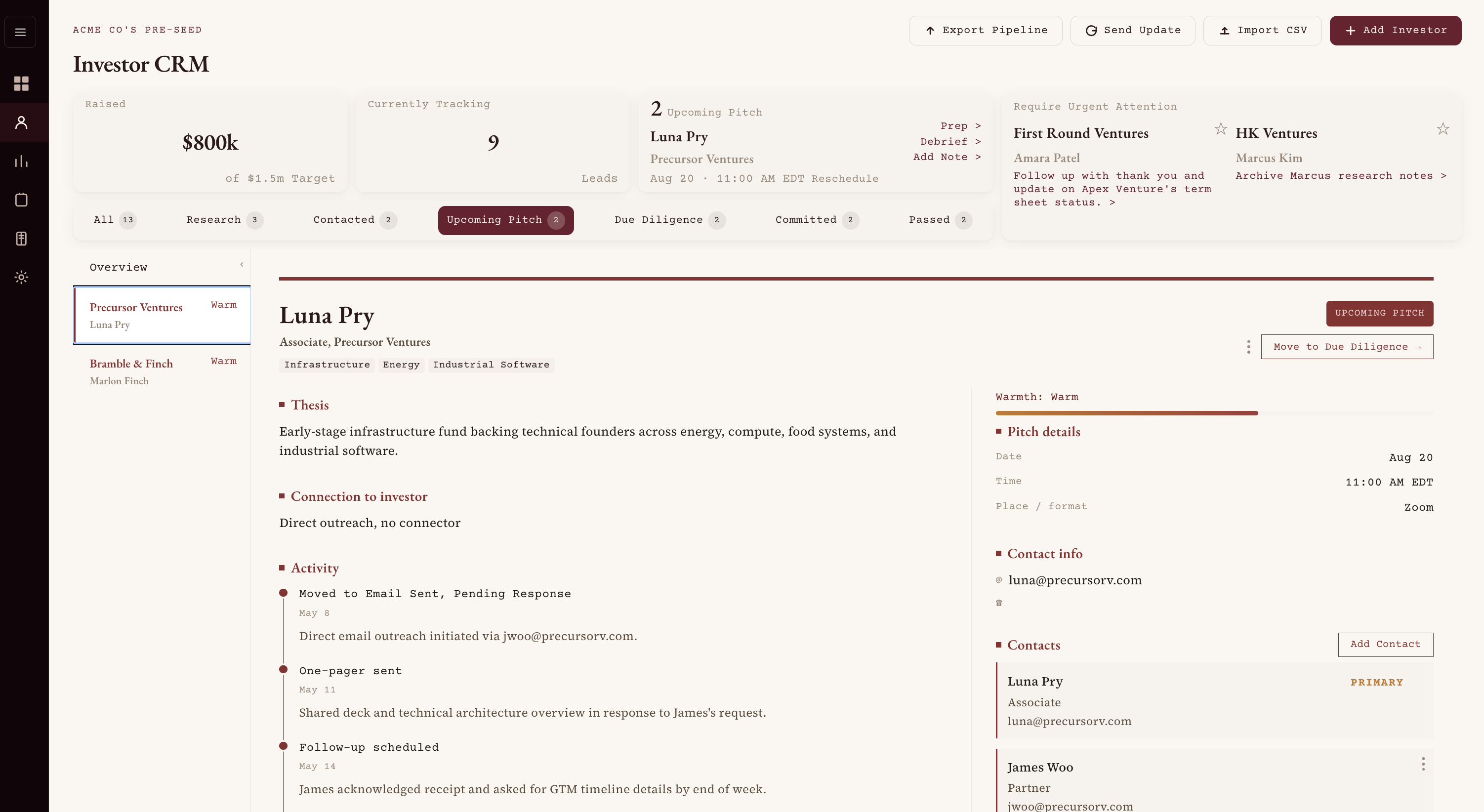 Founder CRM investor detail view